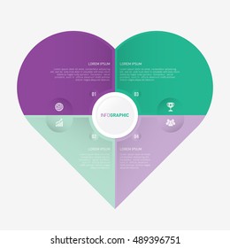 heart infographic template pie purple and green charts with 4 steps 