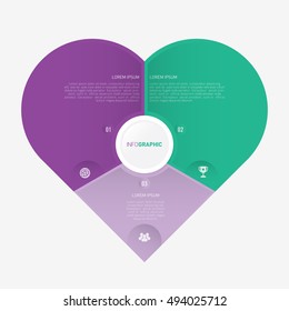 heart infographic template pie purple and green charts with 3 steps