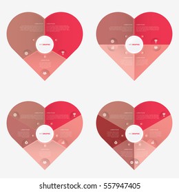 heart infographic template pie red charts with 3, 4, 5, 6 steps