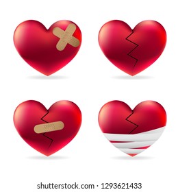 Heart injury with adhesive elastic medical plasters and bandage vector set 