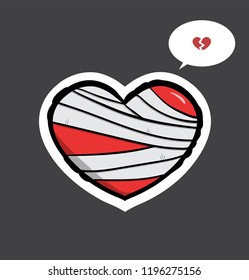 Heart injury (broken heart) with bandage, cartoon illustration