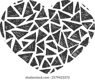 Heart with ink pattern. Black triangle pattern. Engraving texture isolated on white background.