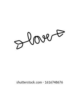 Heart inscription with arrow, continuous line drawing, small tattoo, print for clothes, t-shirt, emblem or logo design, Valentine's Day, greeting card, hand drawn vector illustration. Isolated vector.