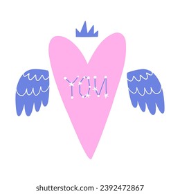 A heart with the inscription you, wings and a crown. Hand drawn vector illustration.