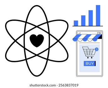 Heart inside an atom symbol, a smartphone with an e-commerce buying icon, and a bar graph. Ideal for business, e-commerce, data analysis, customer engagement, and technology themes. Minimalist