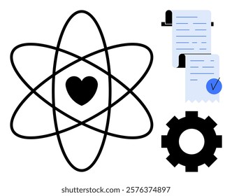 Heart inside atomic structure, symbolizing love tied with scientific values. Gears and documents included for machinery and documentation themes. Ideal for science, technology, love, machinery