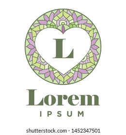 heart inside colorful mandala, monogram logo template
