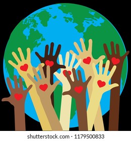 heart inside different skin colors hands with globe in behind. people for planet earth 