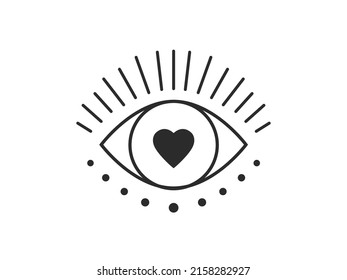 Heart Inside eye Sign.  Outline  eye with heart and editable stroke drawn in modern flat style.  Eye concept  with heart tattoo outline symbol design. 