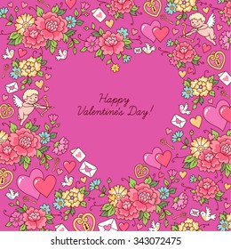The heart inside the floral ornament on pink background.  Greeting card for Valentine's day. 
