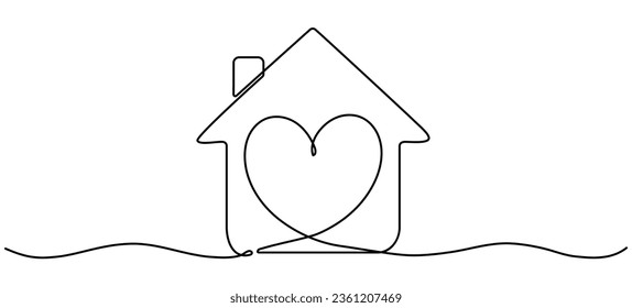 Heart inside house continuous one line drawn. Love home concept. Vector illustration isolated on white.