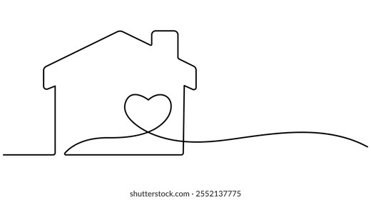 Corazón dentro de la casa continua una línea dibujada. Concepto del hogar del amor. Ilustración vectorial aislada en blanco, Home Sweet Home Continuous Line Icon, Homeless Shelter, Sweet Home Continuous Line Drawing.