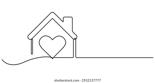 Heart inside house continuous one line drawn. Love home concept. Vector illustration isolated on white, Home Sweet Home Continuous Line Icon, Homeless Shelter, Sweet Home continuous line drawing.