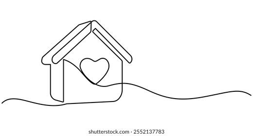 Coração dentro da casa contínua uma linha desenhada. Amo o conceito de casa. Ilustração vetorial isolado em branco, Home Sweet Home Continuous Line Icon, Abrigo sem-teto, Sweet Home desenho de linha contínua.
