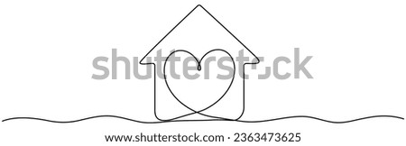 Heart inside house continuous one line drawn. Love home concept. Vector illustration isolated on white.