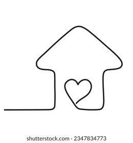 Heart inside house drawing with continuous line, home sweet home, love concept, vector illustration