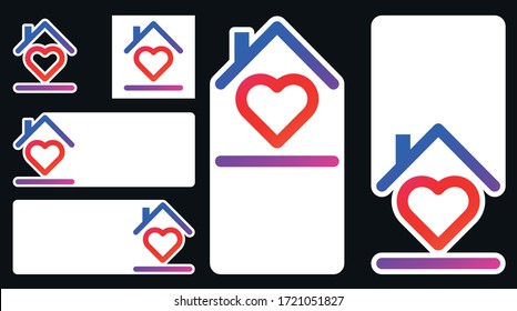 Heart inside house frame social media icon and stickers. Horizontal and vertical empty stickers for text you want. Blue and purple gradient color house frame and red heart inside it. Vector 