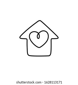 Heart inside the house, love and family symbol, Valentine's Day, greeting card, continuous line drawing, tattoo, print for clothes and logo design, isolated abstract vector illustration.