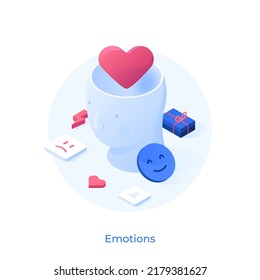 Heart Inside Human Head, Happy And Unhappy Faces. Concept Of Psychology Of Positive And Negative Emotions, Feelings, Reactions, Mental State. Modern Vector Illustration In Pseudo 3d Style For Poster.