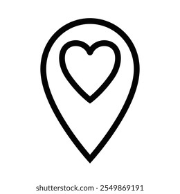 Heart inside a location pin in simple outline design. Editable stroke.