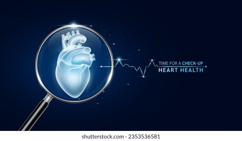 Heart inside magnifying glass with scan search. Health care medical check up too innovative futuristic digital technology. Body health checkup examining organ and blue glowing neon pulse. Vector.