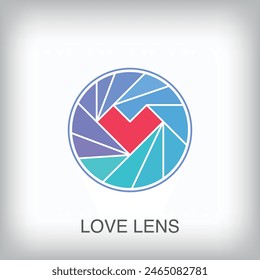 Heart inside round lens, modern logo. Unique color transitions. Optical heart eye element logo template. vector