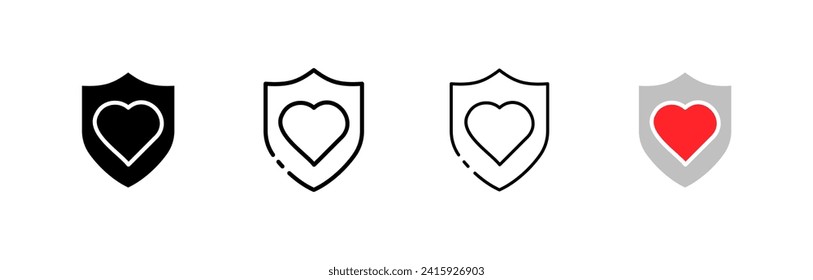 Iconos del escudo interior del corazón. Diferentes estilos, conjunto de escudos con iconos de corazones. Iconos del vector