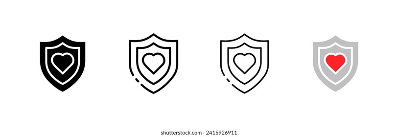 Heart inside shield icons. Line, shield icons with heart icons. Vector icons