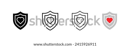Heart inside shield icons. Line, shield icons with heart icons. Vector icons