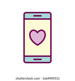 Heart inside smartphone line and fill style icon design of love passion romantic valentines day wedding decoration and marriage theme Vector illustration