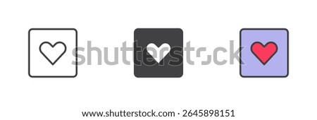 Heart inside square icon in outline, solid, and colorful filled styles. Vector heart icon for like, love, or favorite. Modern color sign and symbol pack.