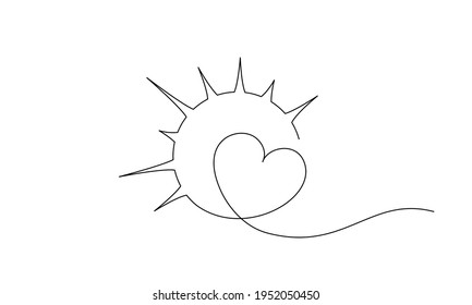 Heart inside sun shape sign. Concept of love, compassion and happiness. Continuous one line drawing. Vector illustration