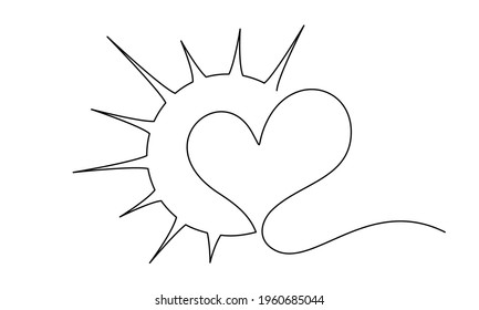 Heart inside sun shape sign. Concept of love, compassion and happiness. Continuous one line drawing. Vector illustration