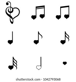 Heart inspired music notes set