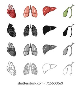 Heart, Internal Organ, Lung Of A Person, Liver, Gall Bladder. Human Organs Set Collection Icons In Cartoon Black Monochrome Outline Style Vector Symbol Stock Illustration Web.