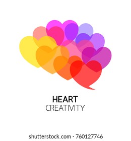Heart into brain shape. Colorful icon design. Emotion over concept. Use brain and heart, illustration isolated on white background.