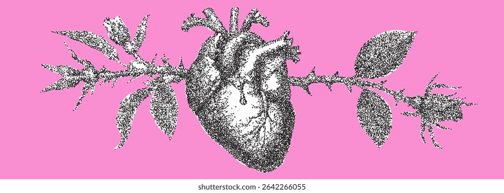 A heart intricately designed with thorny branches and rose leaves, contrasting beautifully against a vibrant pink backdrop. The artwork symbolizes love's duality, incorporating beauty and pain.
