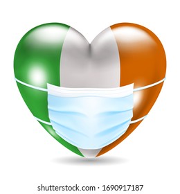 Heart in the Ireland flag colors with a medical mask for protection from coronavirus