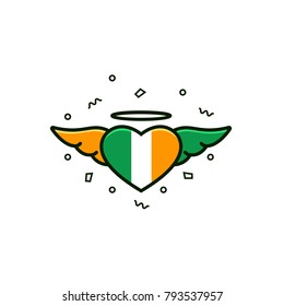 Heart with irish flag colors and wings - flat colorful line icon on isolated background. Love Ireland vector outline symbol for tourist promotion materials. Saint Patrick's Day vector illustration. 