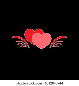 Heart isolated two sign on black background. Romantic abstract silhouette symbol linked, join, love, passion and wedding. Colorful mark of valentine day. Design element. Vector illustration