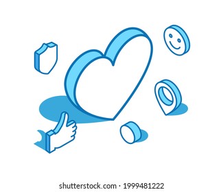 Heart isometric line illustration. Charity, donation, like 3D banner template.