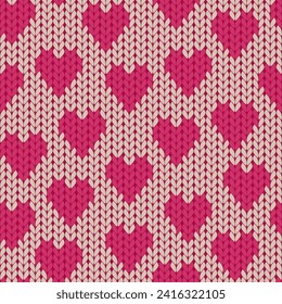 Heart jacquard seamless pattern with realistic knit texture. Modern knitted romantic print. Vector background for Valentine's Day or wedding.