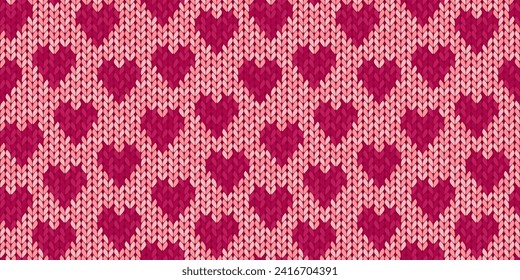 Heart jacquard seamless pattern with realistic knit texture. Modern knitted romantic print. Vector background for Valentine's Day or wedding.