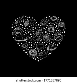 Heart with Japanese dishes. Vector isolated illustration with elements of sushi, roll, fish, caviar, and shrimp. Set of sea food for the design of the menu of cafes and restaurants. 