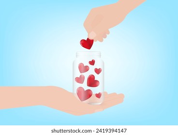 Heart Jar. Hand Putting Heart into Glass Jar. Concept of Love, Donation or Valentine's Day. Vector Illustration. 