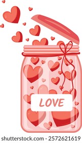 Heart Jar with Love Label and Flying Hearts Illustration