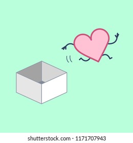 Heart jumping out of the box. Vector concept illustration of unconventional thinking and feeling out of the box | flat design linear infographic icon on green background
