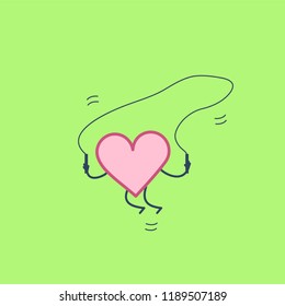 Heart jumping over the skipping rope. Vector concept illustration of happy heart, love and positive emotions | flat design linear infographic icon on green background