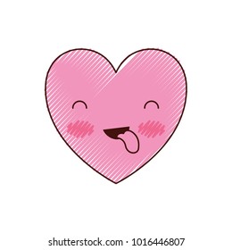 heart kawaii in funny expression with closed eyes in colored crayon silhouette
