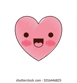 heart kawaii in jolly expression in colored crayon silhouette